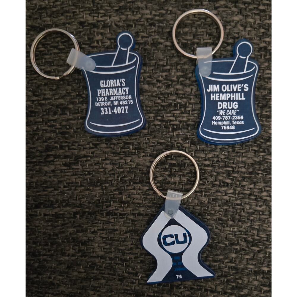 Lot of 3 Vintage Rubber Blue and White Advertising Keychains